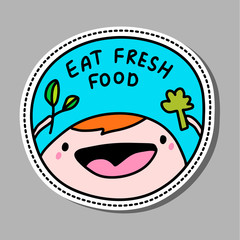 Eat fresh food hand drawn vector illustration pin sticker patch man happy holding broccoli and spinach