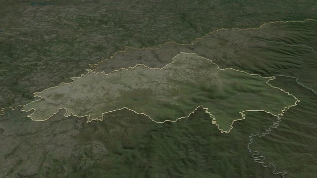 Berea, district with its capital, zoomed and extruded on the satellite map of Lesotho in the conformal Stereographic projection. Animation 3D