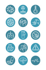 virus covid 19 pandemic respiratory pneumonia disease icons set block line style icon