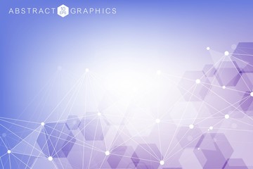 Science network pattern, connecting lines and dots. Technology hexagons structure or molecular connect elements.