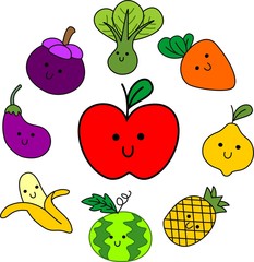 fruits doodle set in kawaii hand drawn background vector