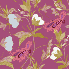 Floral seamless vector pattern. Cotton flowers, leaves, stems and petals on a pink background.