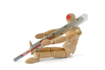 Wooden man holding thermometer indicating a high temperature
