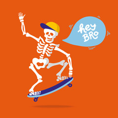 Hey bro. Vector flat illustration skeleton in cap. Template of Halloween party invitations or greeting card with handwritten calligraphy silhouette lettering. Dead man rides on a skateboard, does tric