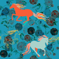 Horses and leaves, stems and inflorescences of peonies and roses vector illustration. Picture with pink, blue and white flowers on black background. Endless pattern.