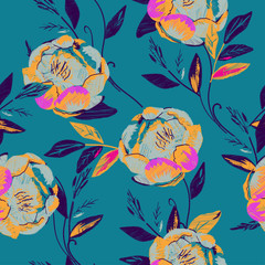 Delicate beige pink roses with petals and leaves on a brown background.