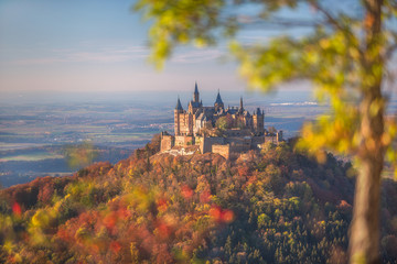 Hohenzollern Castle, Aerial view with beautiful autumn colors, Baden-Wurttemberg, Germany