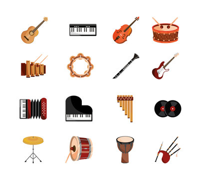 musical instruments string wind percussion icon set isolated icon