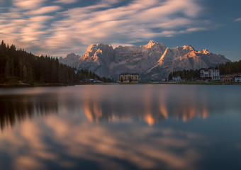 Lake of Misurina during beautiful sunrise, Italian Dolomites, scenic landscape.