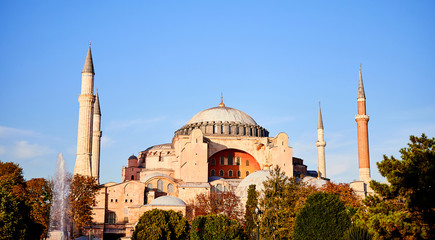 Fototapeta na wymiar Ayasofya Museum (Hagia Sophia) in Sultan Ahmet park in Eminonu, Istanbul, Turkey