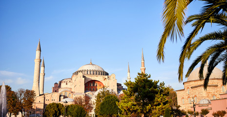 Fototapeta na wymiar ISTANBUL / TURKEY - OCTOBER 10, 2019: Ayasofya Museum (Hagia Sophia) in Sultan Ahmet park in Eminonu, Istanbul, Turkey