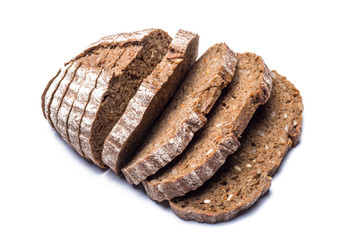 sliced into even slices, black farm bread with sunflower seeds on a white background