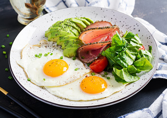 Ketogenic/paleo diet. Fried eggs, ham, avocado and fresh salad.  Keto breakfast. Brunch.