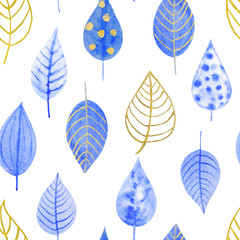 Hand painted watercolor floral seamless pattern with gold and blue leaf. Perfect for wrappers, wallpapers, textile, postcards, greetings, wedding invitations, romantic events.
