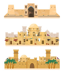 Set of traditional Islamic architecture. Caravanserai, ancient village, castle. Mud brick buildings. Flat vector illustration isolated on white. - obrazy, fototapety, plakaty