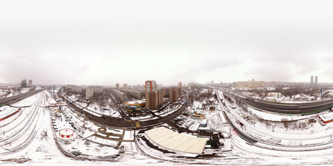 panoramic view of the winter city from the drone
