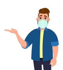Young hipster man covering face with medical mask and presenting hand to copy space. Person wearing hygienic facial protection and introducing, pointing gesture. Cartoon illustration in vector style.