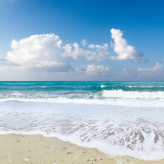 Sea beach blue sky sand sun daylight relaxation landscape viewpoint for design postcard and calendar in Crete, Greece,