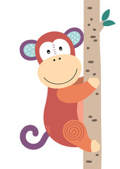Cute monkey climbing the tree. Poster for baby room. Childish print for nursery. Design can be used for fashion t-shirt, greeting card, baby shower. Vector illustration.