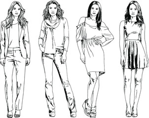 vector drawings on the theme of beautiful slim sporty girl in casual clothes in various poses painted ink hand sketch with no background