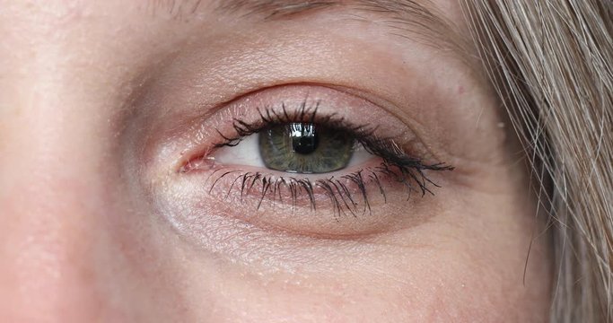 Stock video close-up of a beautiful woman s eye with mascara on eyelashes blinking fast and looking at camera. Greyish green female eye blinking at camera.