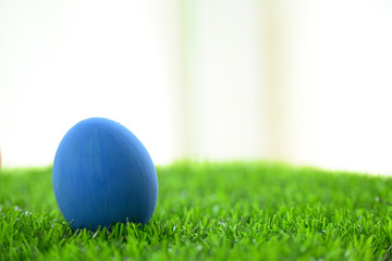 blue easter egg on lawn green grass artificial with blank white background