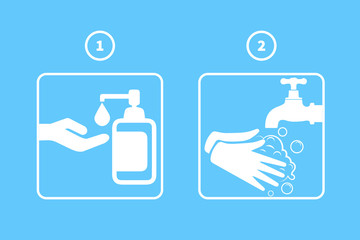 Fototapeta premium Steps for washing hands. Use liquid soap and wash your hands thoroughly. How to wash your hands properly. Stay away from germs. Protection from coronavirus. Covid-19 Flash. icons in flat style