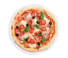 Delicious pizza Diablo isolated on white, top view