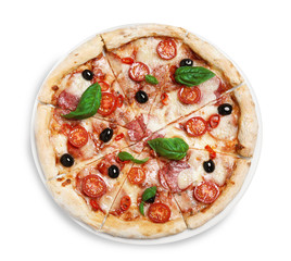 Delicious pizza Diablo isolated on white, top view