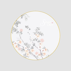 Oriental style painting, plum blossom in spring with hills background, can be used for  floral poster, invite. Decorative greeting card or invitation design background