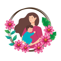 woman pregnant carrying baby boy in frame of flowers vector illustration design