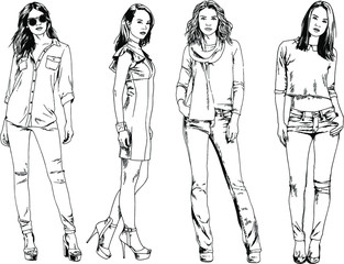 vector drawings on the theme of beautiful slim sporty girl in casual clothes in various poses painted ink hand sketch with no background