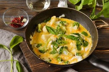 Fototapeta na wymiar fried eggs 4 eggs with spinach and broccoli in a pan