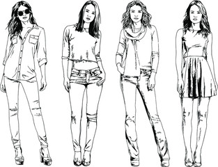 vector drawings on the theme of beautiful slim sporty girl in casual clothes in various poses painted ink hand sketch with no background