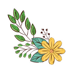 cute flower yellow color with branches and leafs isolated icon vector illustration design