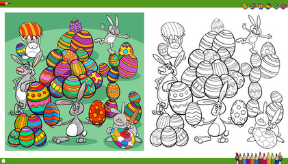 Easter bunnies with color eggs coloring book page