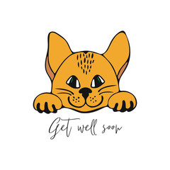 Get well soon greeting card with a cat. Design element for motivation greeting card.