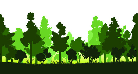Forest trees isolated silhouette vector. Bottom background. Green deciduous and coniferous plants, succulent grass. Landscape, panorama without sky, scenery. There is a place for text.