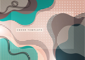 Creative background with flowing color wave and striped shapes against a halftone background. Template for the design of the banner, cover, business card, illustration, landing page.