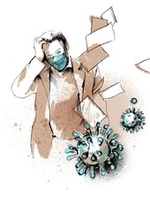 sketch of an office man in a mask and the image of the corona virus in beige and blue tones