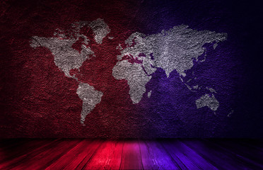 Abstract image of World map on concrete wall texture background with red and blue light effect in dark room.