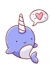 Cute kawaii hand drawn blue narwhal talk love doodles isolated on white background