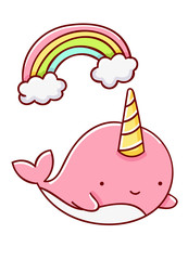 Cute kawaii hand drawn pink narwhal and rainbow doodles, isolated on white background