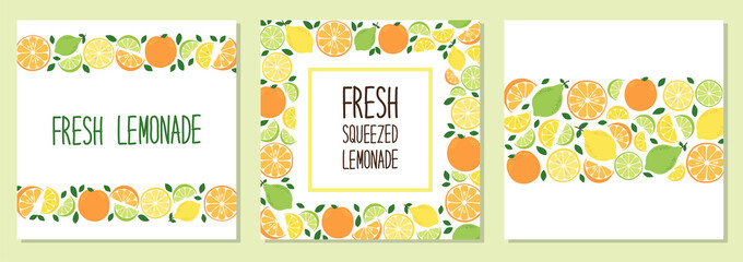 Cute set of Citrus Fruits Lemon, Lime and Orange backgrounds in vivid tasty colors ideal for Fresh Lemonade