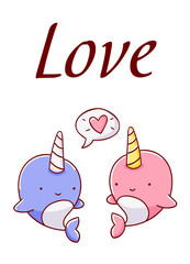 Cute kawaii hand drawn two narwhal doodles, lettering love, isolated on white background