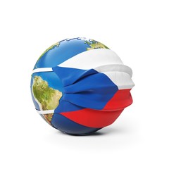 Earth Globe in a medical mask with flag of Czech Czechian, isolated on white background. Global epidemic of Chinese coronavirus concept.