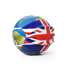 Earth Globe in a medical mask with flag of England United Kingdom English British Britannia, isolated on white background. Global epidemic of Chinese coronavirus concept.