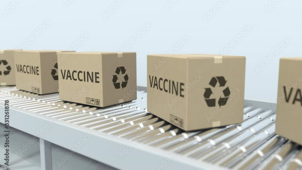 Aufkleber cartons with a vaccine move on conveyor. looping 3d animation