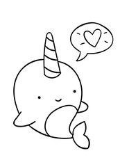 Coloring pages, black and white cute kawaii hand drawn narwhal talk love doodles © dikabrina