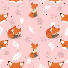 Cute foxes with leaves decoration seamless pattern